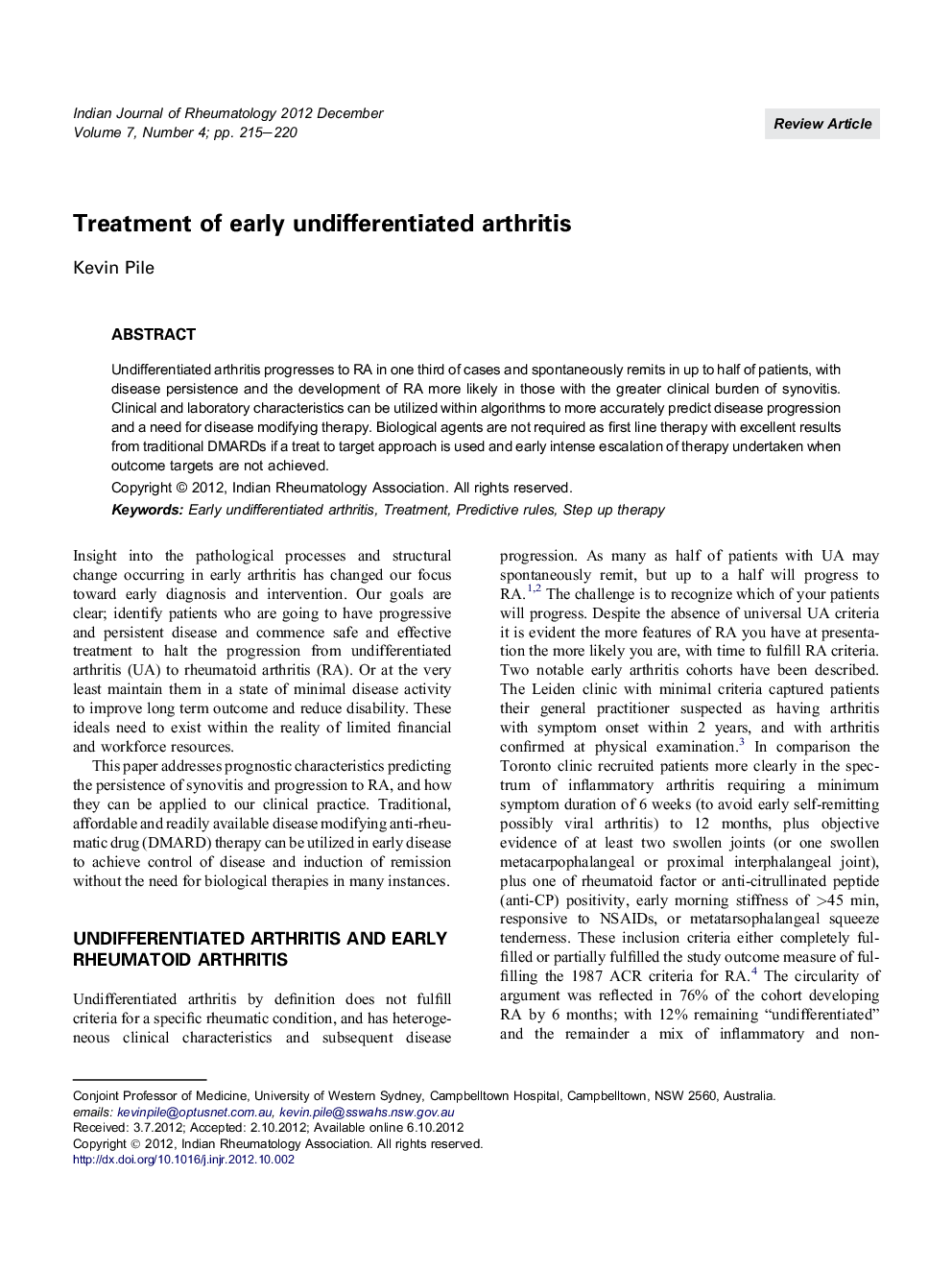 Treatment of early undifferentiated arthritis