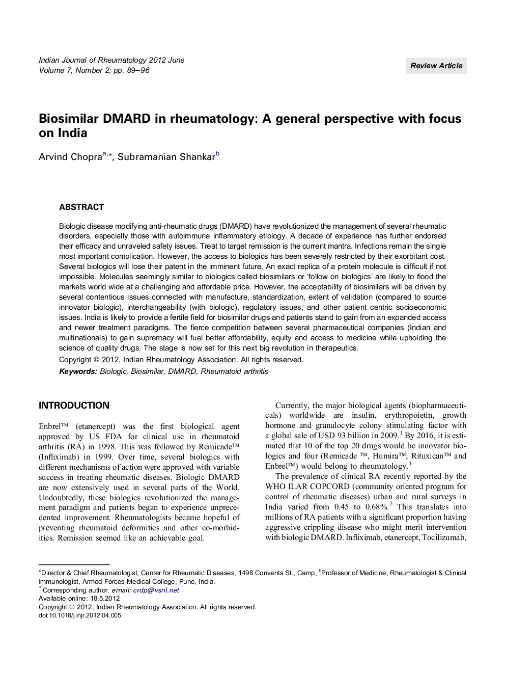 Biosimilar DMARD in rheumatology: A general perspective with focus on India