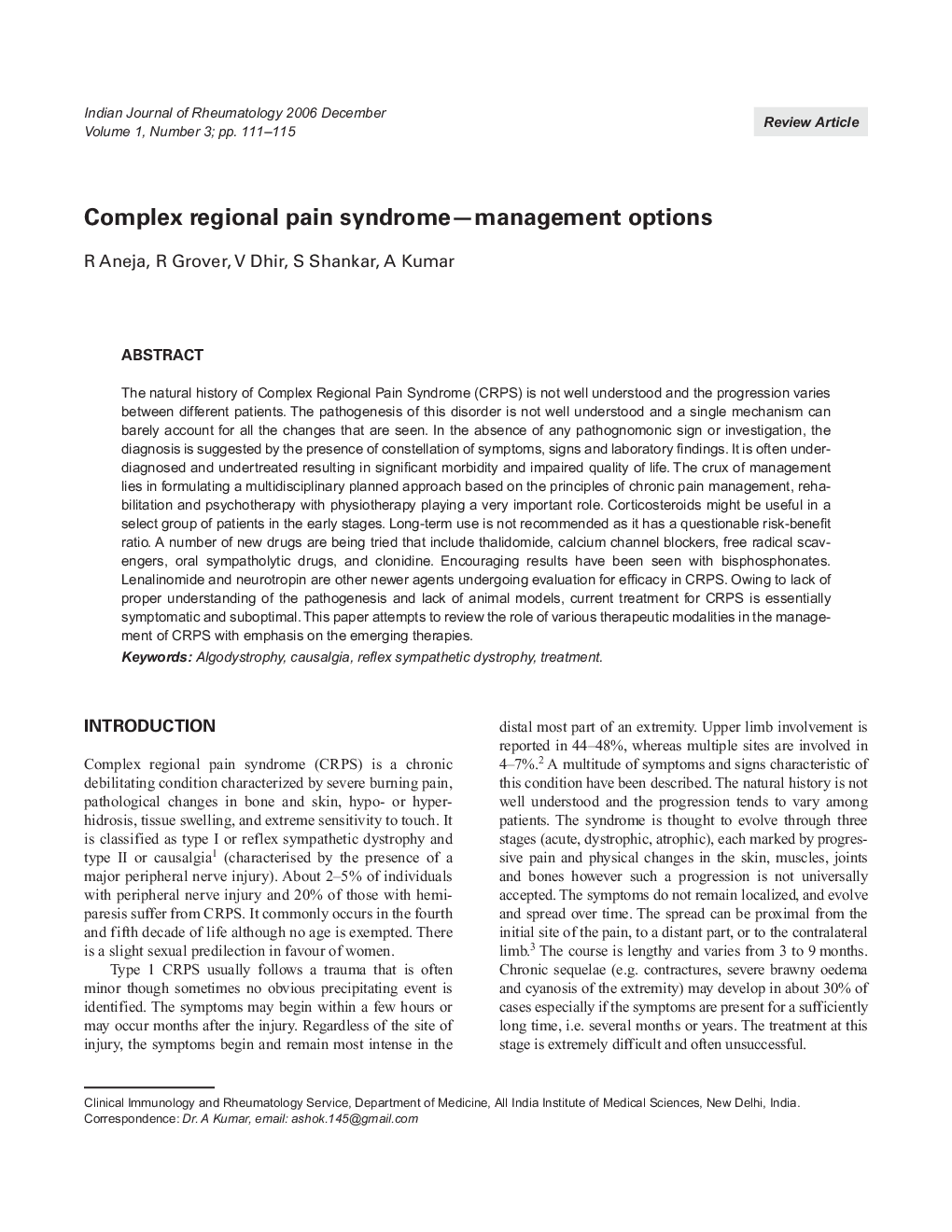 Complex regional pain syndrome-management options