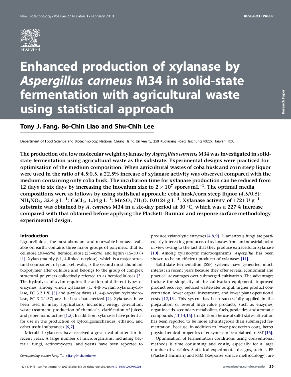 Enhanced production of xylanase by Aspergillus carneus M34 in solid-state fermentation with agricultural waste using statistical approach