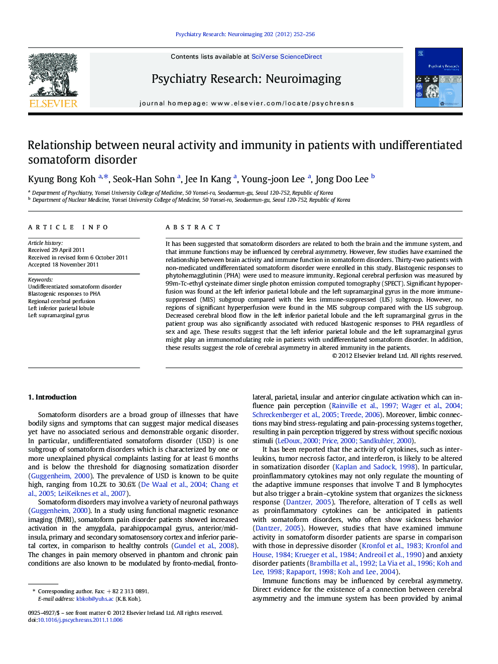 Relationship between neural activity and immunity in patients with undifferentiated somatoform disorder