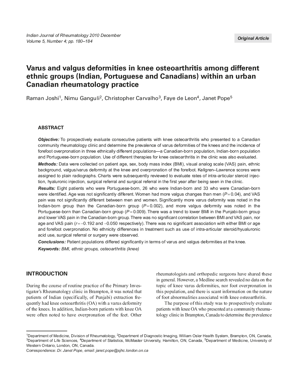 Varus and valgus deformities in knee osteoarthritis among different ethnic groups (Indian, Portuguese and Canadians) within an urban Canadian rheumatology practice