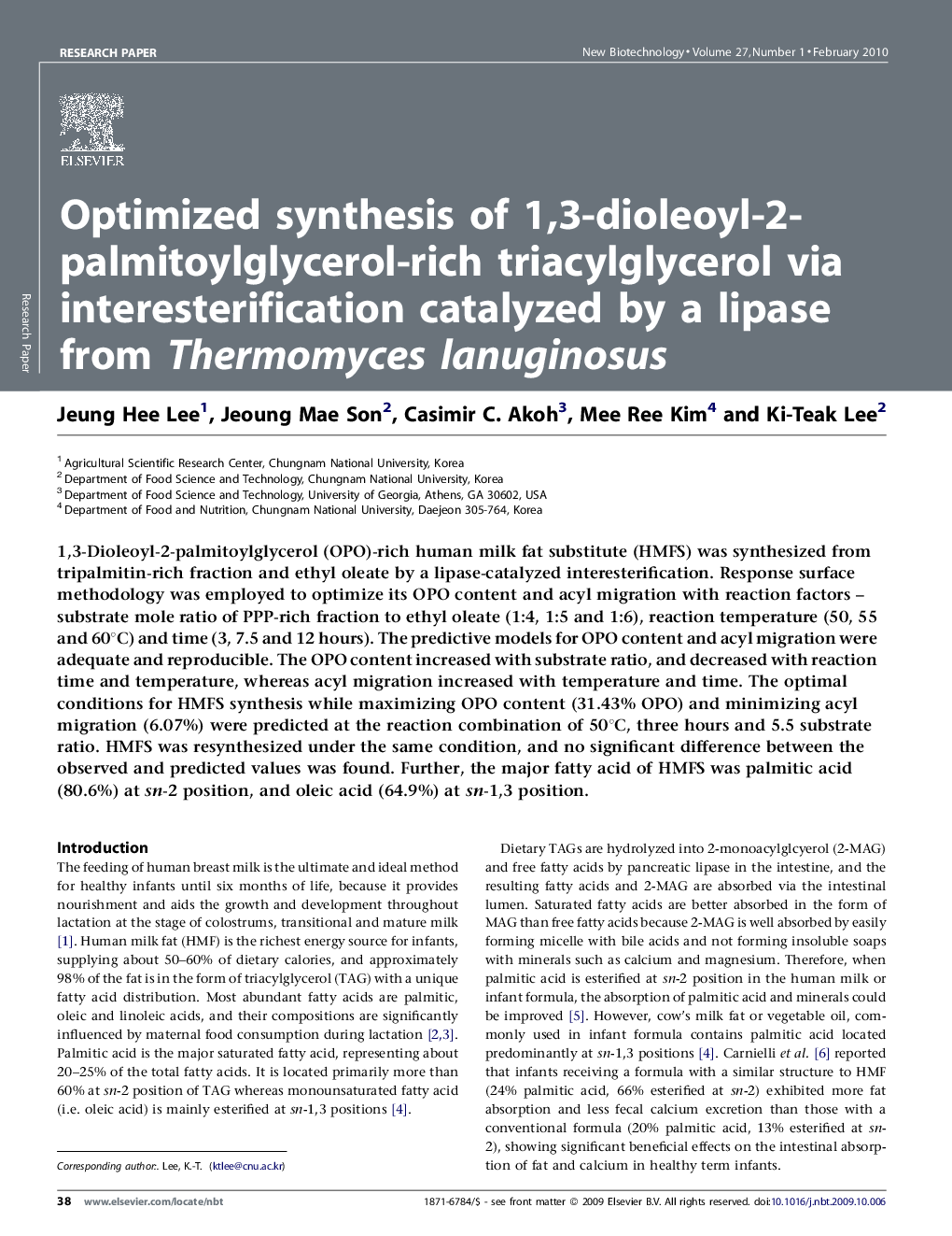 Optimized synthesis of 1,3-dioleoyl-2-palmitoylglycerol-rich triacylglycerol via interesterification catalyzed by a lipase from Thermomyces lanuginosus
