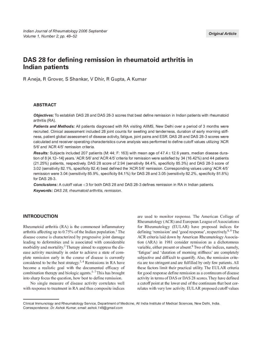 DAS 28 for defining remission in rheumatoid arthritis in Indian patients