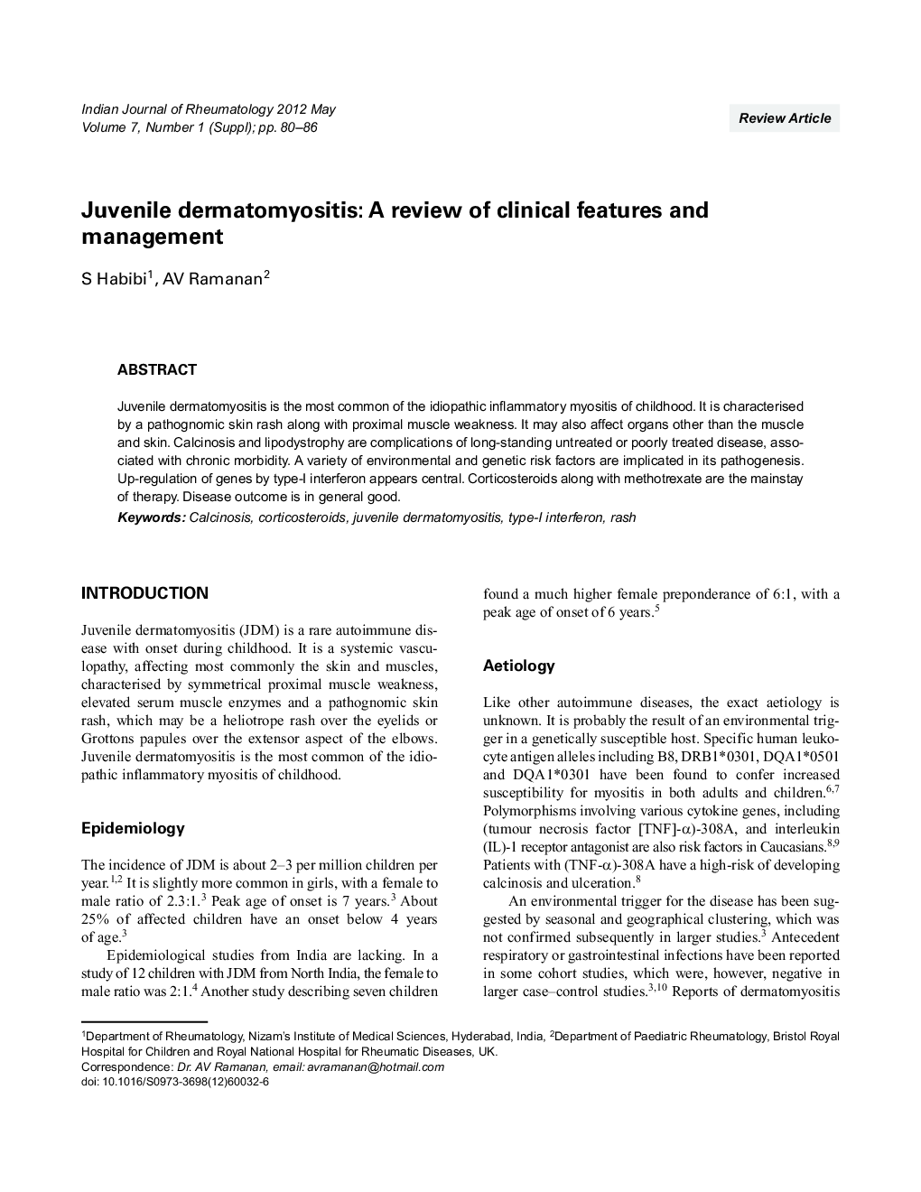 Juvenile dermatomyositis: A review of clinical features and management