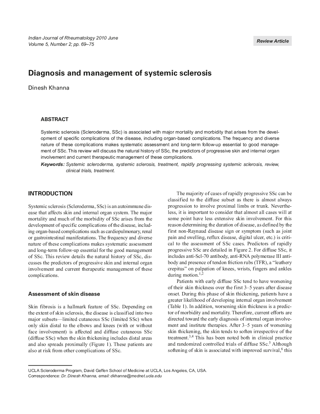 Diagnosis and management of systemic sclerosis