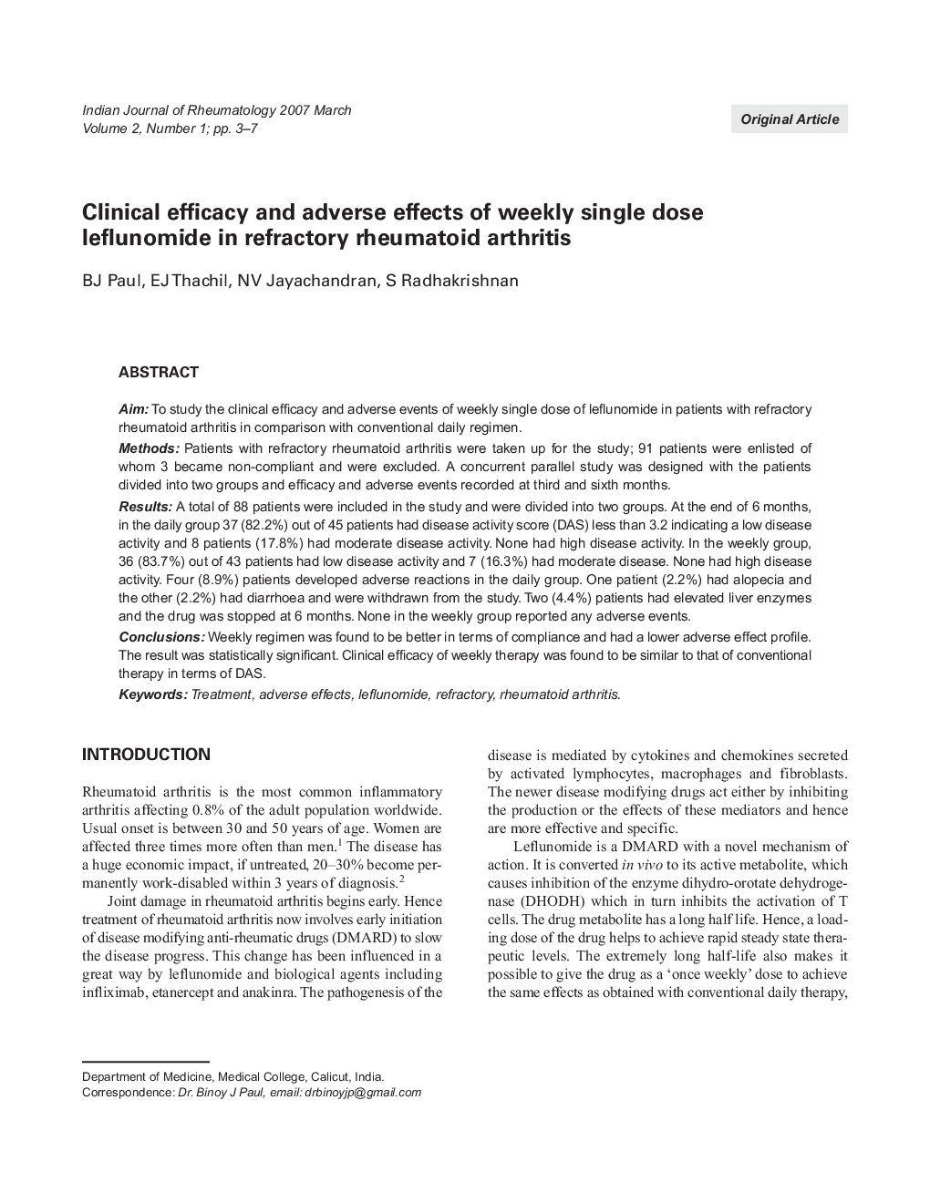 Clinical efficacy and adverse effects of weekly single dose leflunomide in refractory rheumatoid arthritis