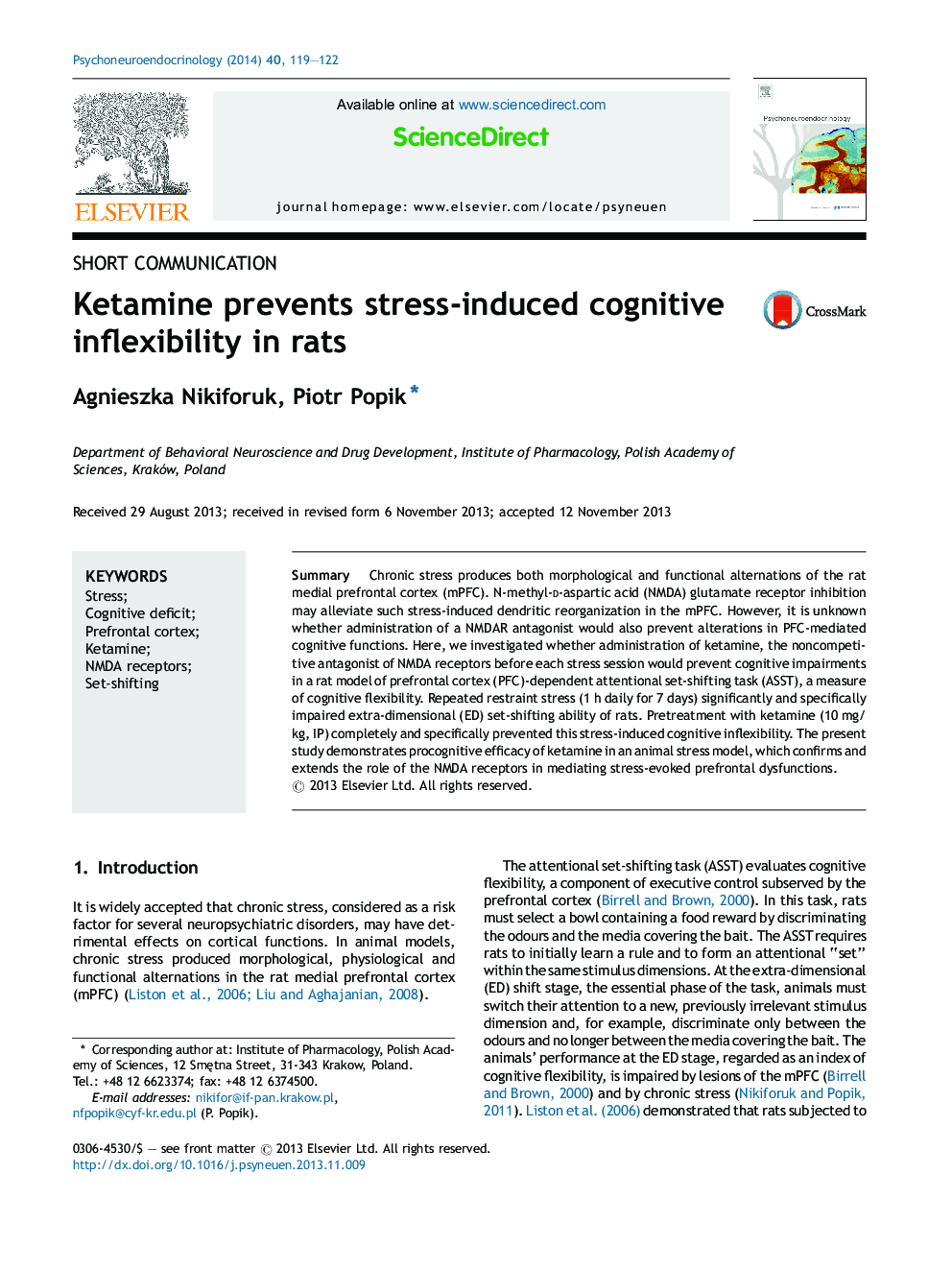 Ketamine prevents stress-induced cognitive inflexibility in rats