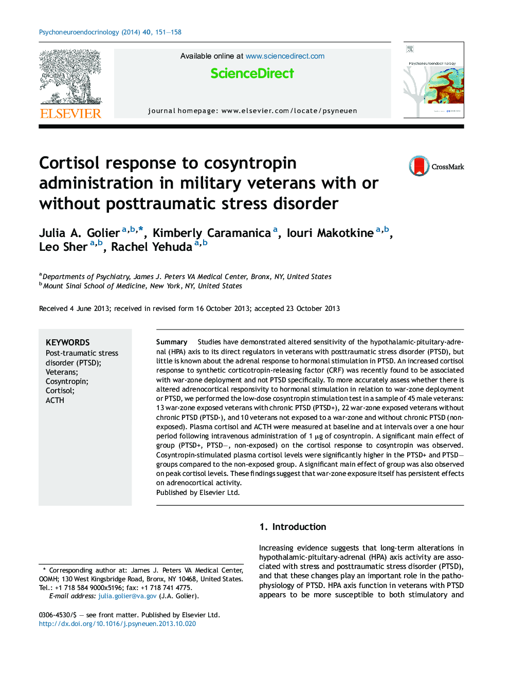 Cortisol response to cosyntropin administration in military veterans with or without posttraumatic stress disorder