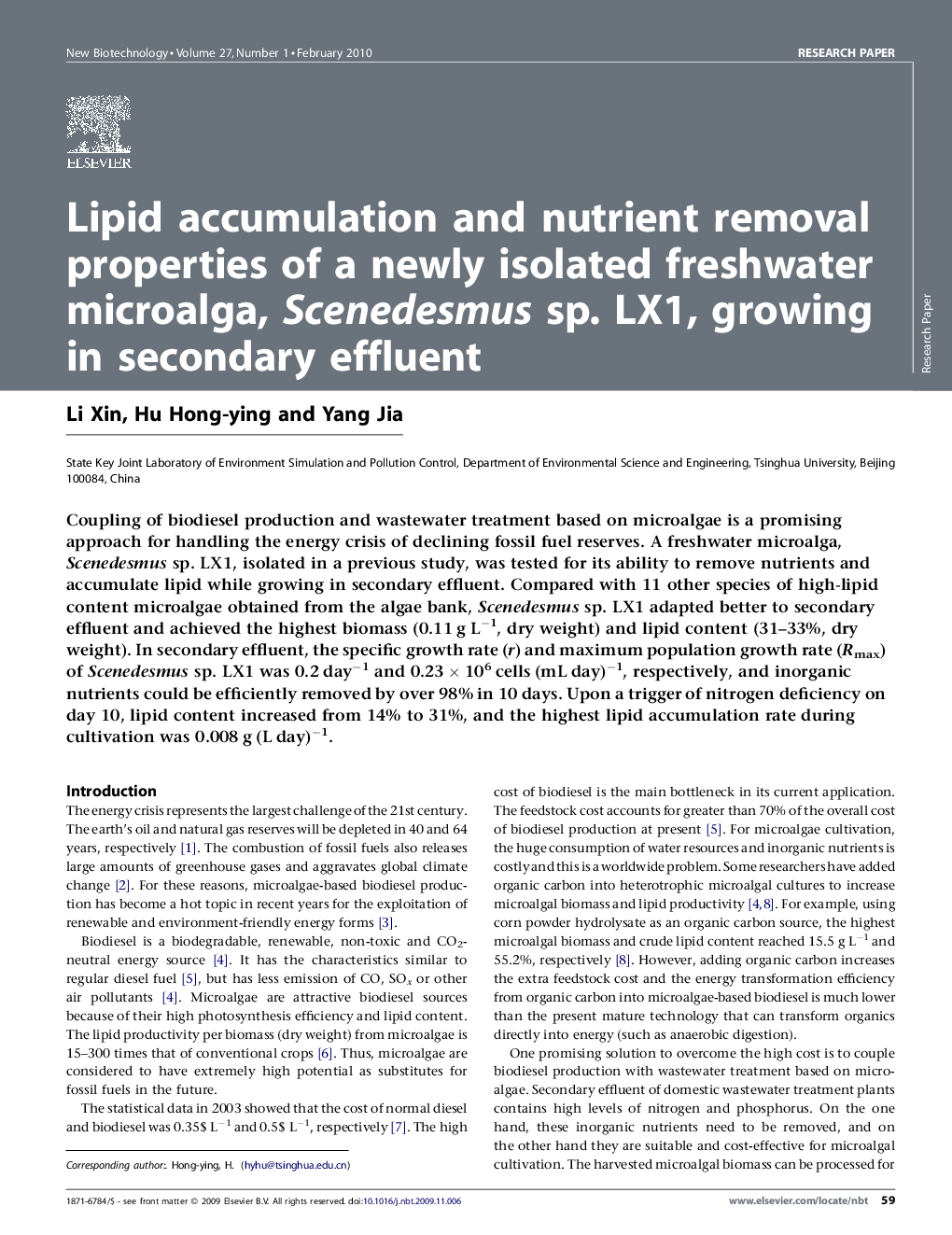 عکس صفحه اول مقاله: Lipid accumulation and nutrient removal properties of a newly isolated freshwater microalga, Scenedesmus sp. LX1, growing in secondary effluent Lipid accumulation and nutrient removal properties of a newly isolated freshwater microalga, Scenedesmus sp. LX1, growing in secondary effluent