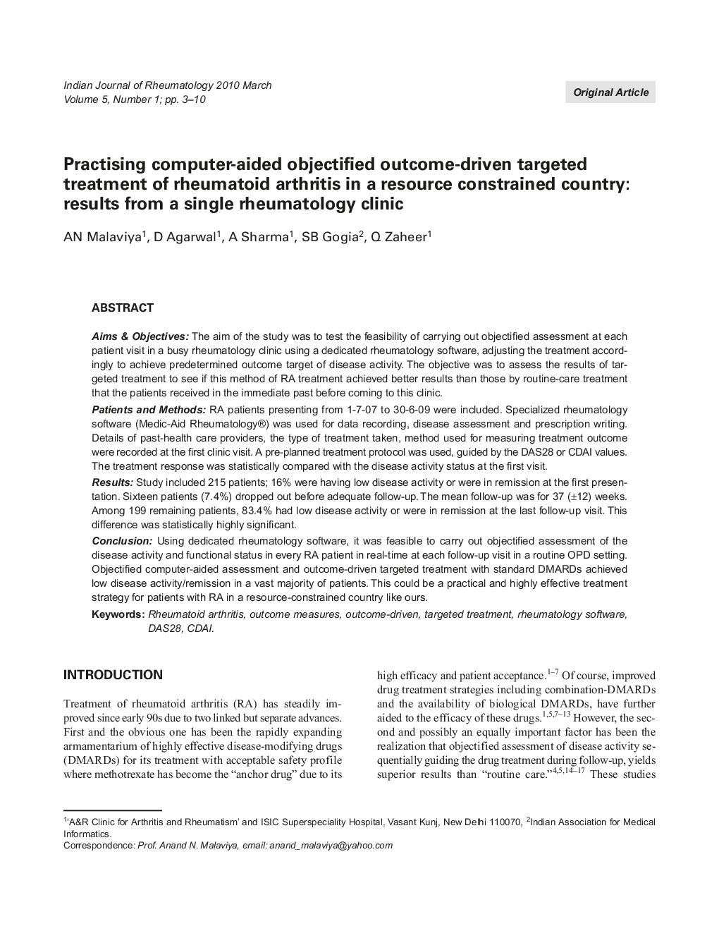 Practising computer-aided objectified outcome-driven targeted treatment of rheumatoid arthritis in a resource constrained country: results from a single rheumatology clinic