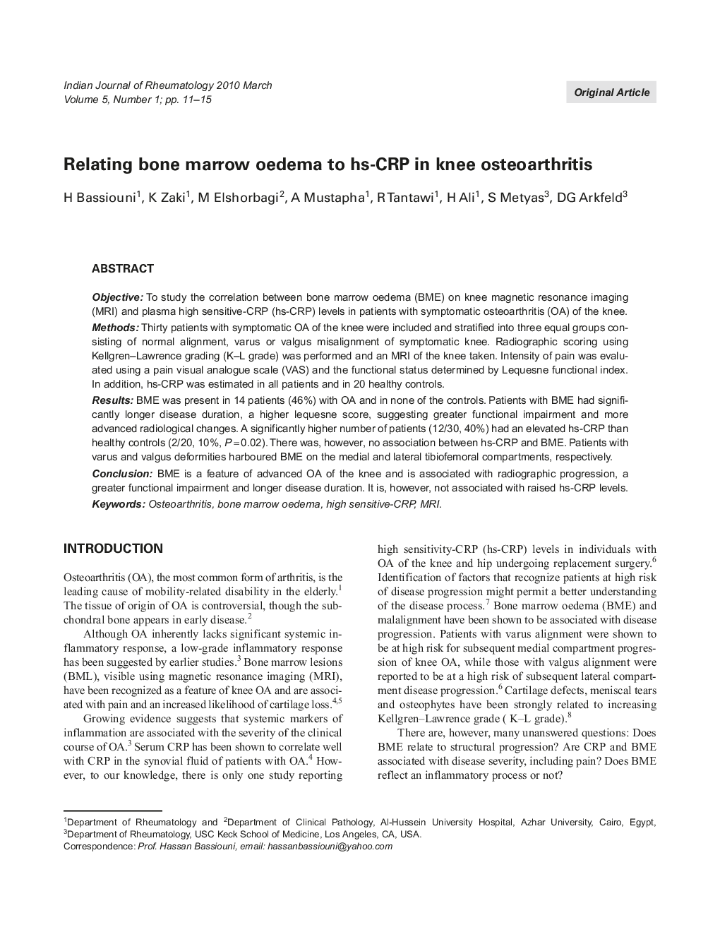 Relating bone marrow oedema to hs-CRP in knee osteoarthritis