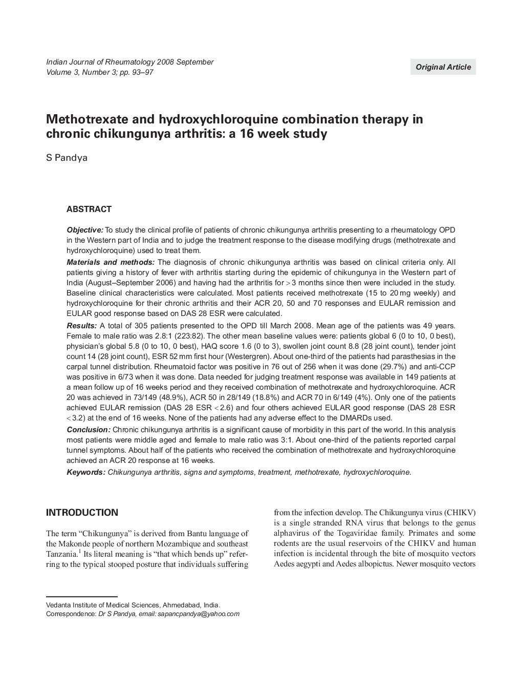 Methotrexate and hydroxychloroquine combination therapy in chronic chikungunya arthritis: a 16 week study