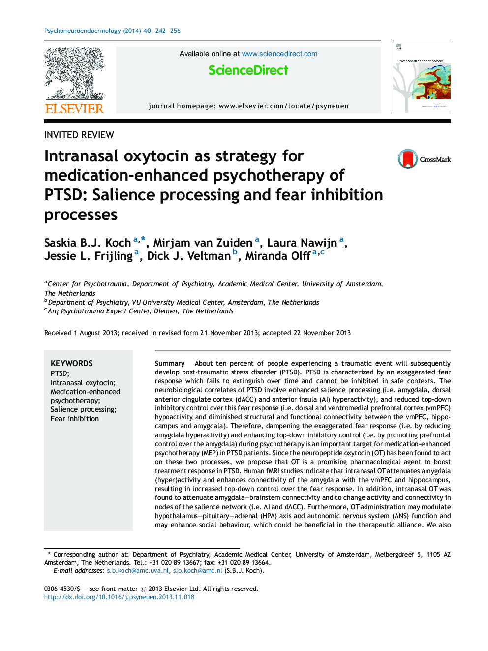 Intranasal oxytocin as strategy for medication-enhanced psychotherapy of PTSD: Salience processing and fear inhibition processes