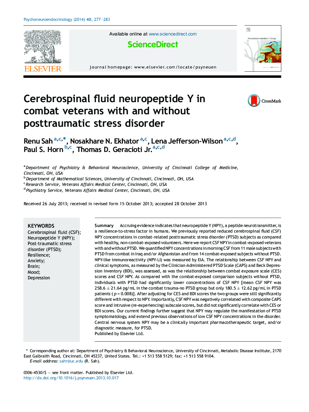 Cerebrospinal fluid neuropeptide Y in combat veterans with and without posttraumatic stress disorder