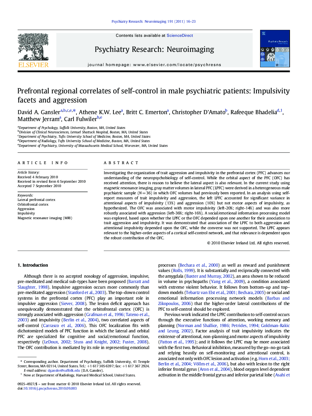 Prefrontal regional correlates of self-control in male psychiatric patients: Impulsivity facets and aggression