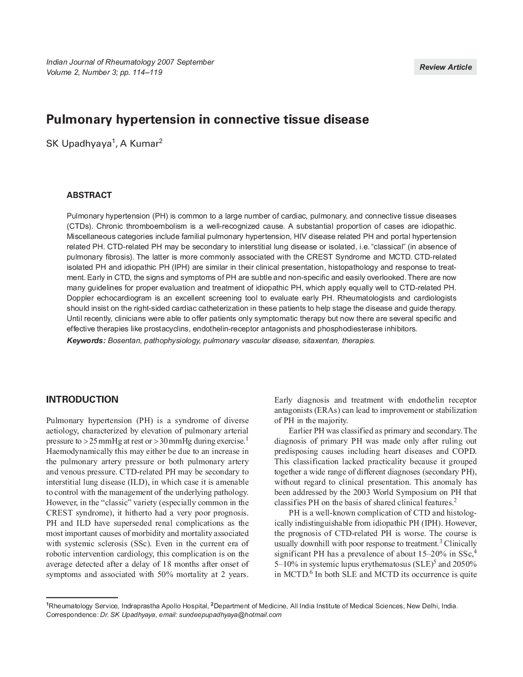 Pulmonary hypertension in connective tissue disease