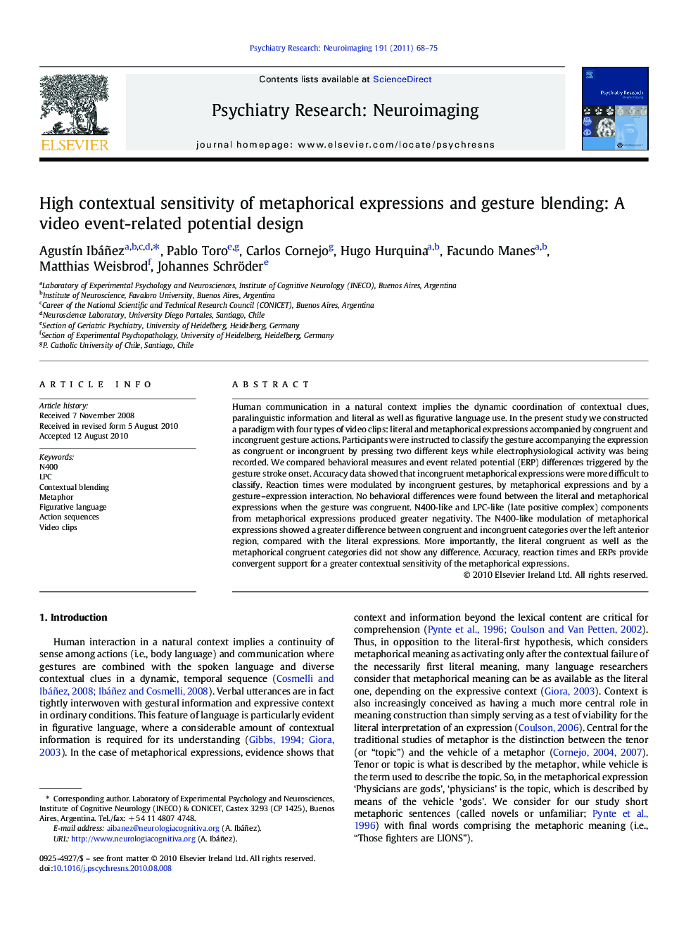 High contextual sensitivity of metaphorical expressions and gesture blending: A video event-related potential design