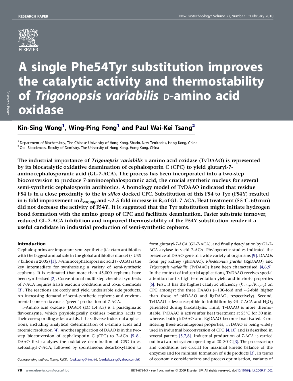 A single Phe54Tyr substitution improves the catalytic activity and thermostability of Trigonopsis variabilisd-amino acid oxidase