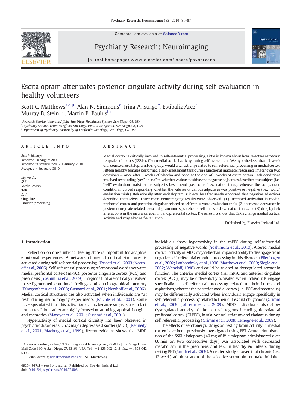 Escitalopram attenuates posterior cingulate activity during self-evaluation in healthy volunteers