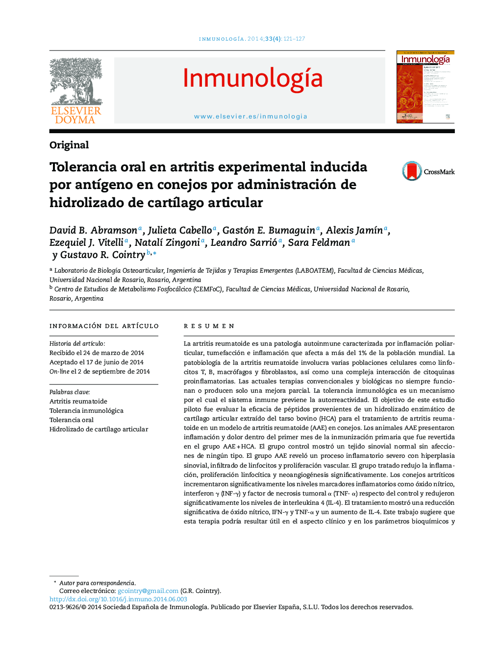 Tolerancia oral en artritis experimental inducida por antÃ­geno en conejos por administración de hidrolizado de cartÃ­lago articular