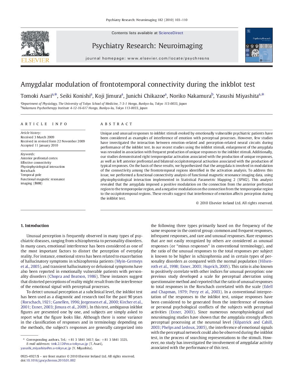 Amygdalar modulation of frontotemporal connectivity during the inkblot test