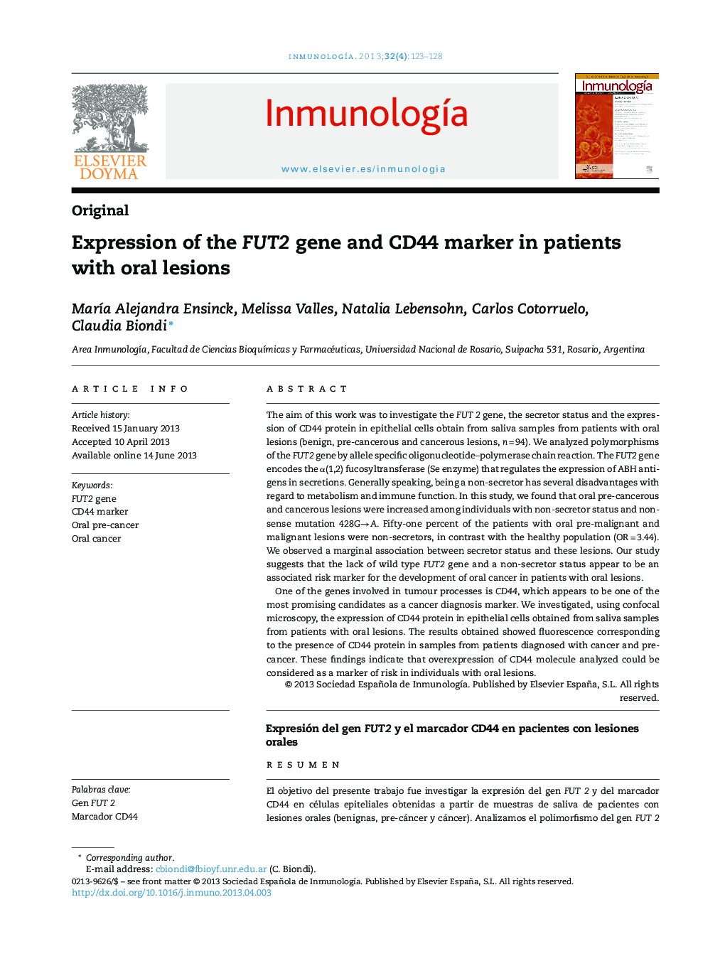 Expression of the FUT2 gene and CD44 marker in patients with oral lesions