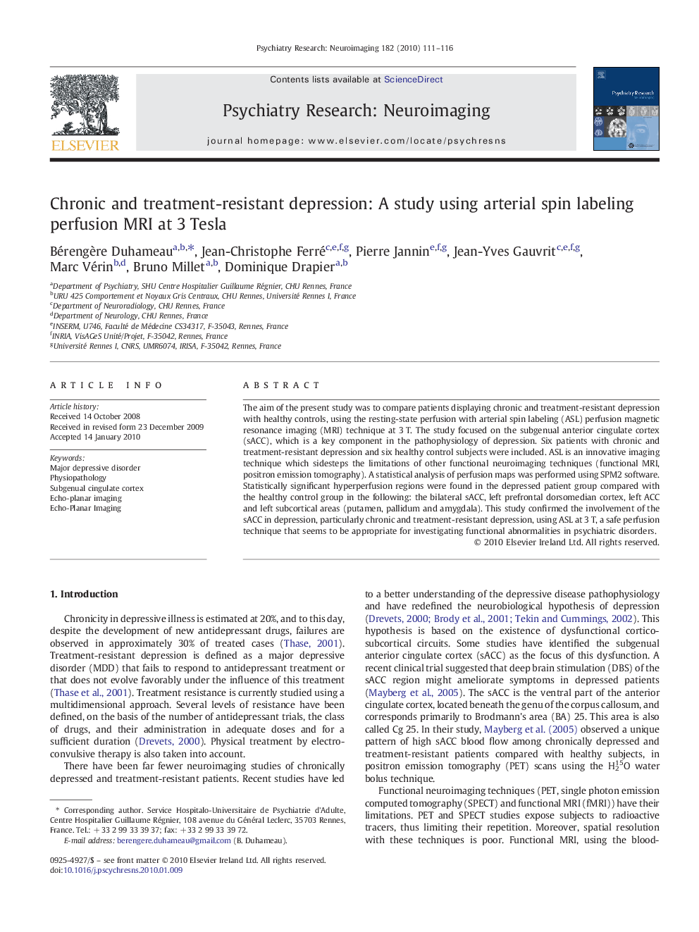 Chronic and treatment-resistant depression: A study using arterial spin labeling perfusion MRI at 3 Tesla