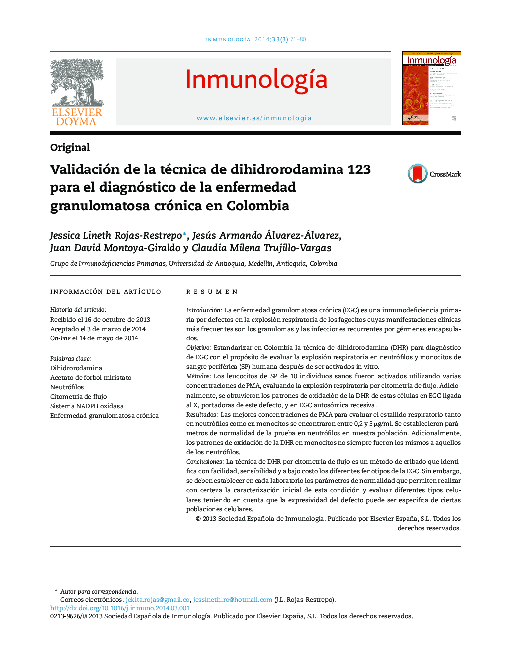 عکس صفحه اول مقاله: Validación de la técnica de dihidrorodamina 123 para el diagnóstico de la enfermedad granulomatosa crónica en Colombia Validación de la técnica de dihidrorodamina 123 para el diagnóstico de la enfermedad granulomatosa crónica en Colombia
