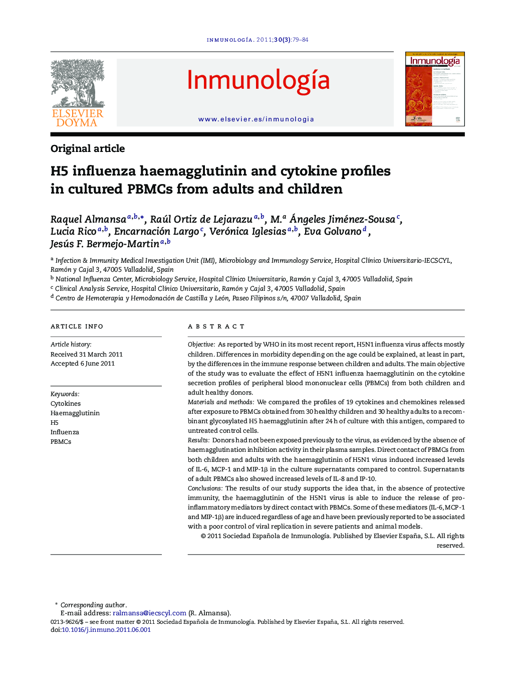 H5 influenza haemagglutinin and cytokine profiles in cultured PBMCs from adults and children