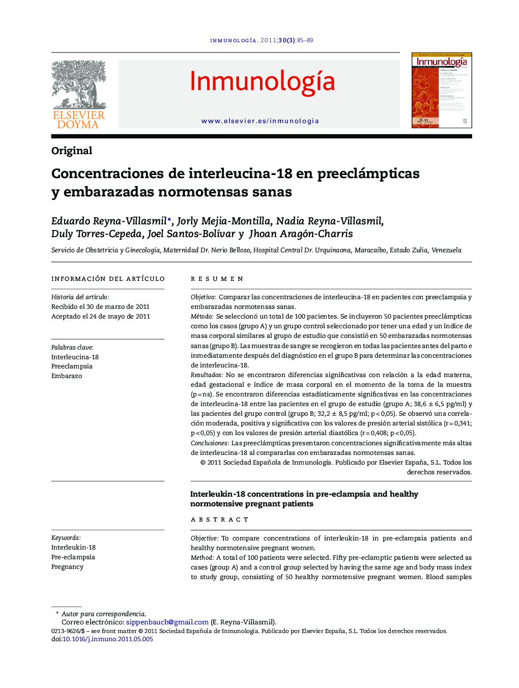 Concentraciones de interleucina-18 en preeclámpticas y embarazadas normotensas sanas