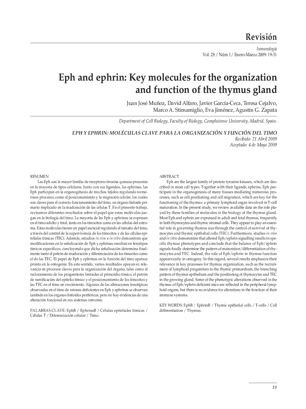 Eph and ephrin: Key molecules for the organization and function of the thymus gland