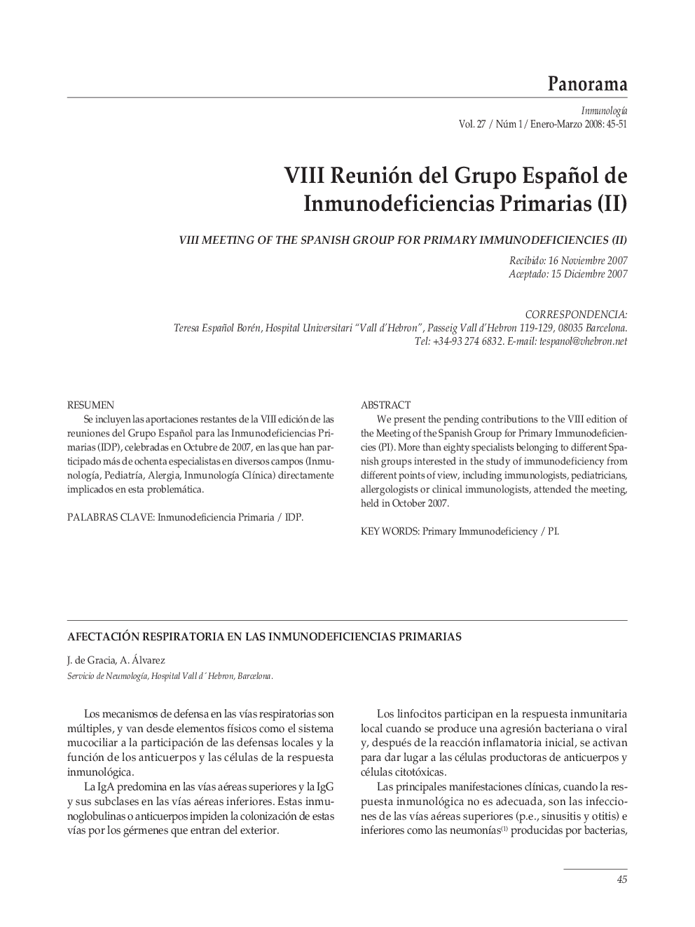 VIII Reunión del Grupo Español de Inmunodeficiencias Primarias (II)