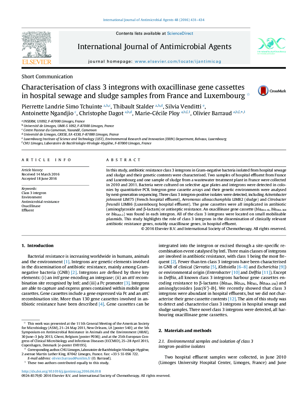 Characterisation of class 3 integrons with oxacillinase gene cassettes in hospital sewage and sludge samples from France and Luxembourg 