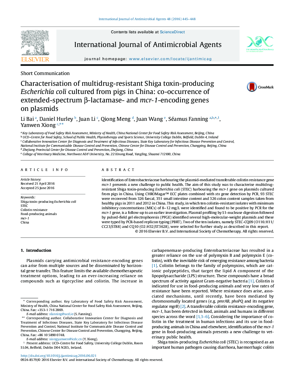 Characterisation of multidrug-resistant Shiga toxin-producing Escherichia coli cultured from pigs in China: co-occurrence of extended-spectrum β-lactamase- and mcr-1-encoding genes on plasmids