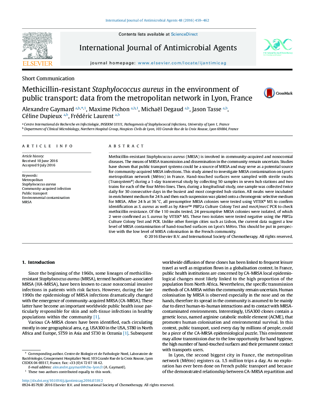 Methicillin-resistant Staphylococcus aureus in the environment of public transport: data from the metropolitan network in Lyon, France