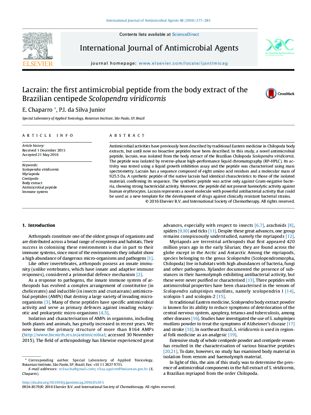 عکس صفحه اول مقاله: Lacrain: the first antimicrobial peptide from the body extract of the Brazilian centipede Scolopendra viridicornis Lacrain: the first antimicrobial peptide from the body extract of the Brazilian centipede Scolopendra viridicornis