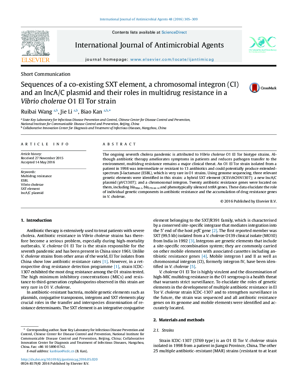 Sequences of a co-existing SXT element, a chromosomal integron (CI) and an IncA/C plasmid and their roles in multidrug resistance in a Vibrio cholerae O1 El Tor strain