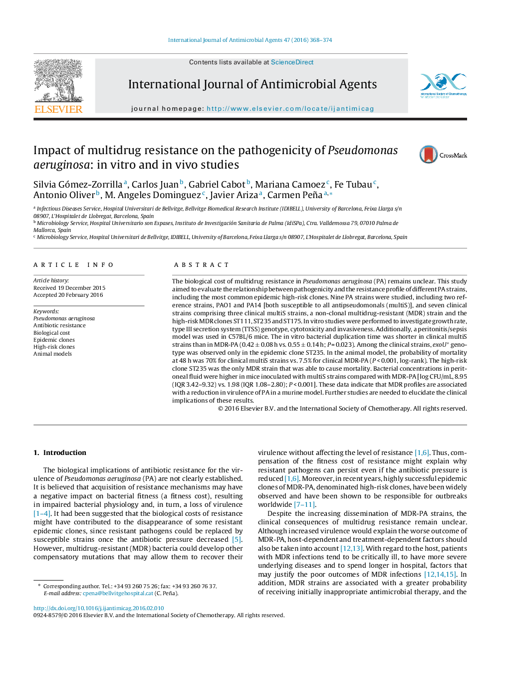 Impact of multidrug resistance on the pathogenicity of Pseudomonas aeruginosa: in vitro and in vivo studies