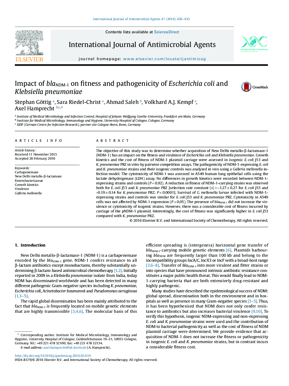 Impact of blaNDM-1 on fitness and pathogenicity of Escherichia coli and Klebsiella pneumoniae