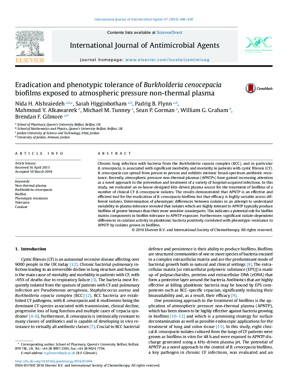 Eradication and phenotypic tolerance of Burkholderia cenocepacia biofilms exposed to atmospheric pressure non-thermal plasma