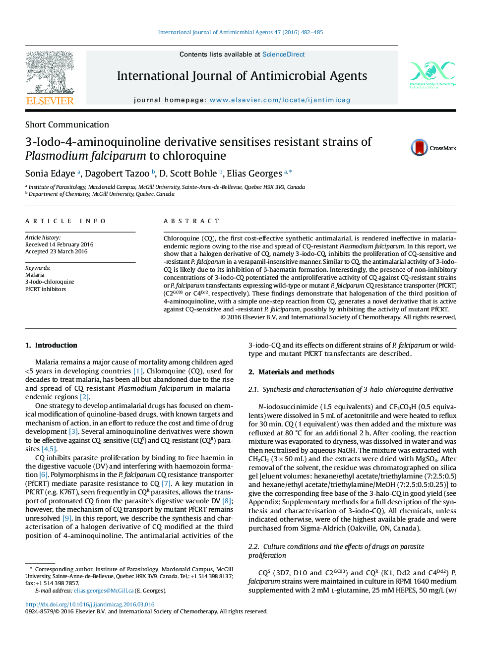 3-Iodo-4-aminoquinoline derivative sensitises resistant strains of Plasmodium falciparum to chloroquine