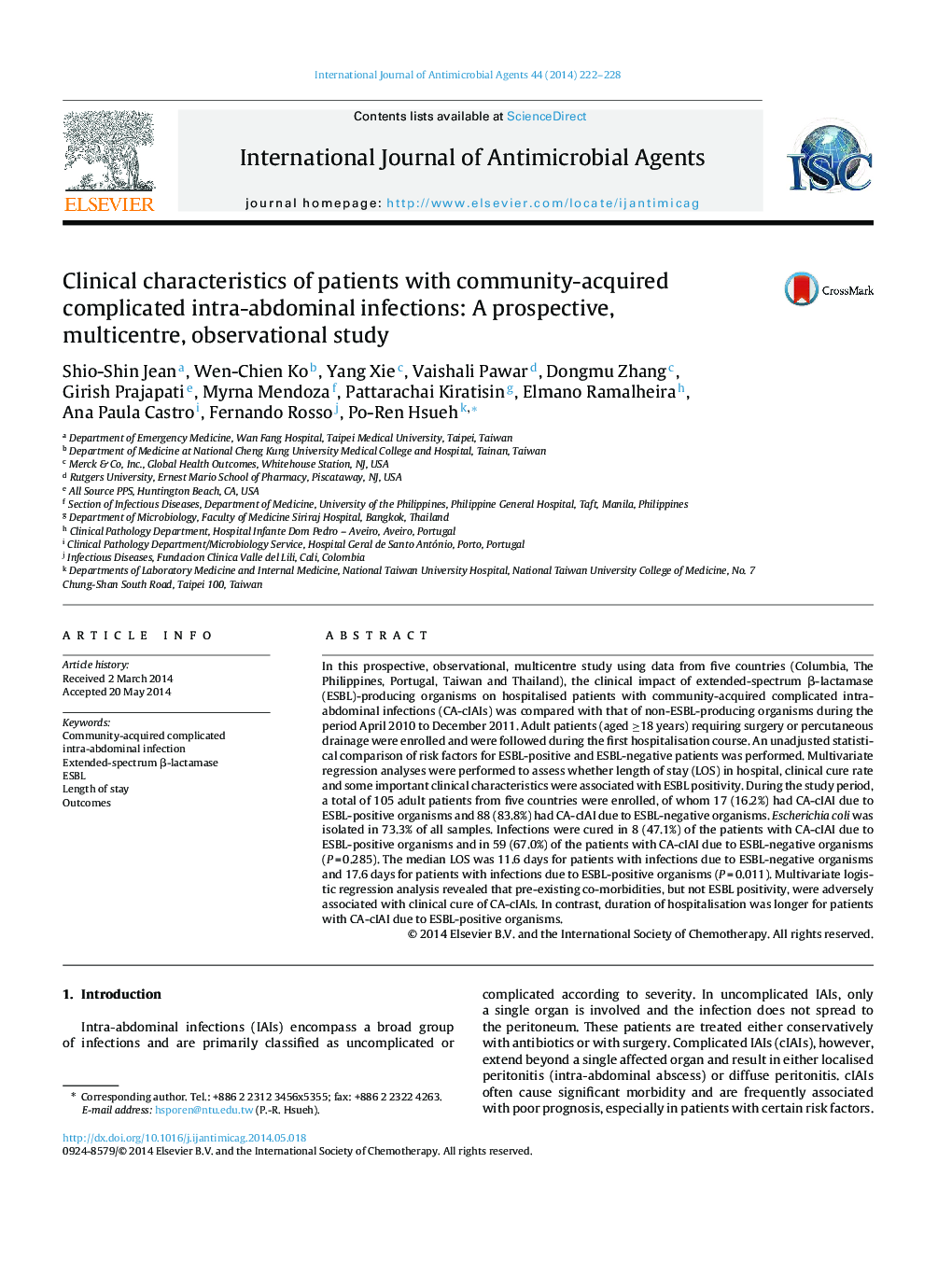 Clinical characteristics of patients with community-acquired complicated intra-abdominal infections: A prospective, multicentre, observational study