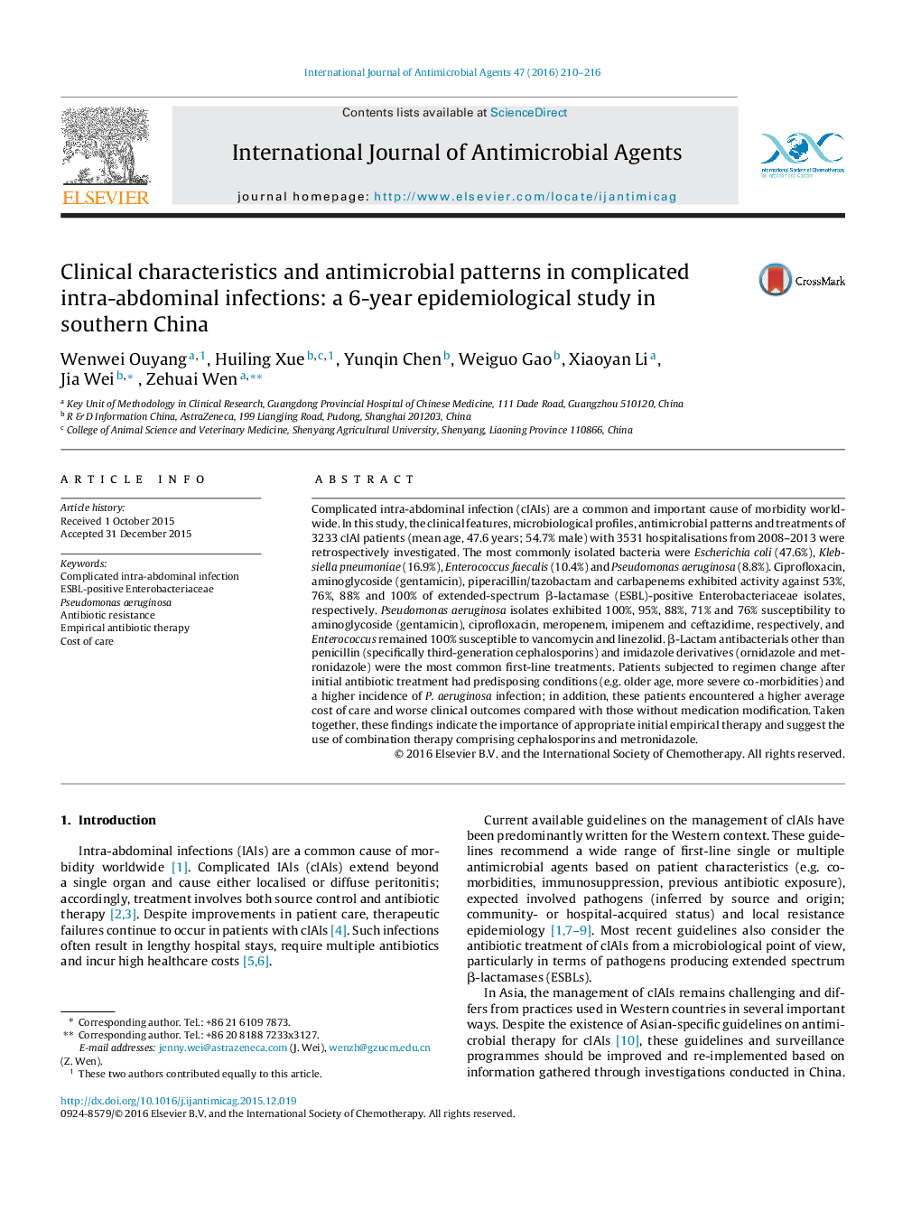 Clinical characteristics and antimicrobial patterns in complicated intra-abdominal infections: a 6-year epidemiological study in southern China