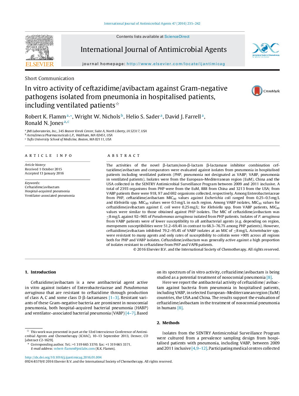 In vitro activity of ceftazidime/avibactam against Gram-negative pathogens isolated from pneumonia in hospitalised patients, including ventilated patients 