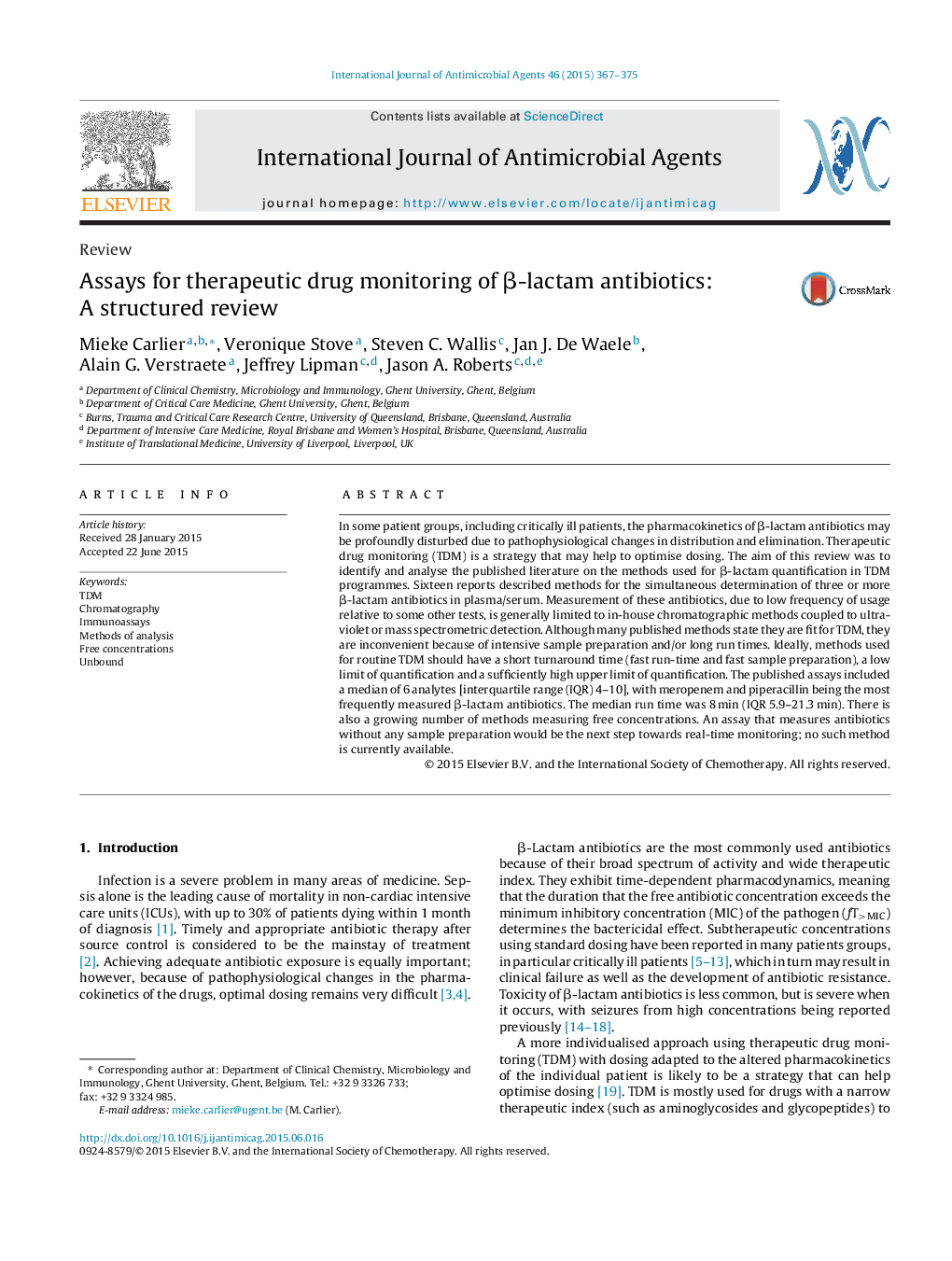 Assays for therapeutic drug monitoring of β-lactam antibiotics: A structured review