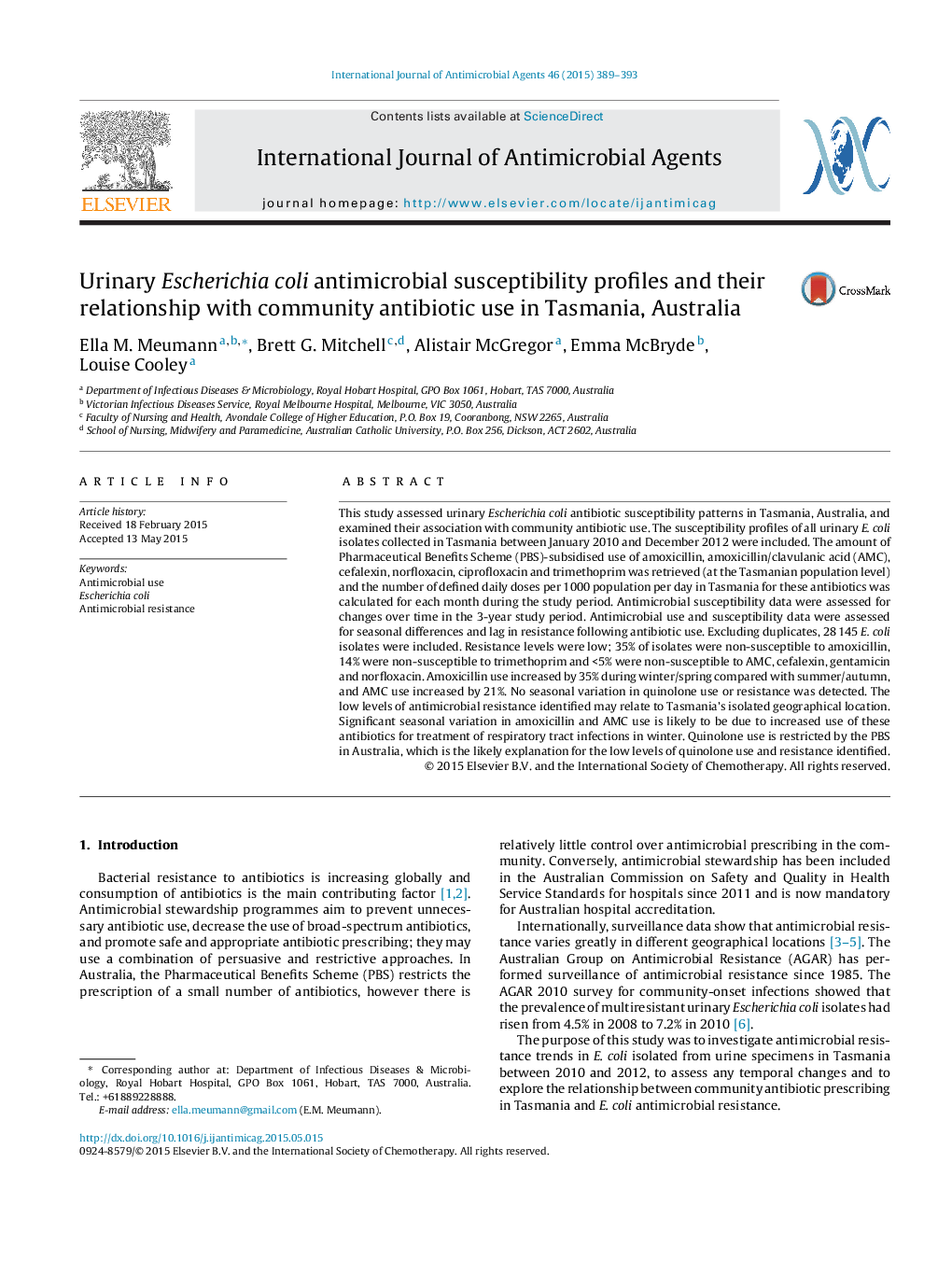 Urinary Escherichia coli antimicrobial susceptibility profiles and their relationship with community antibiotic use in Tasmania, Australia