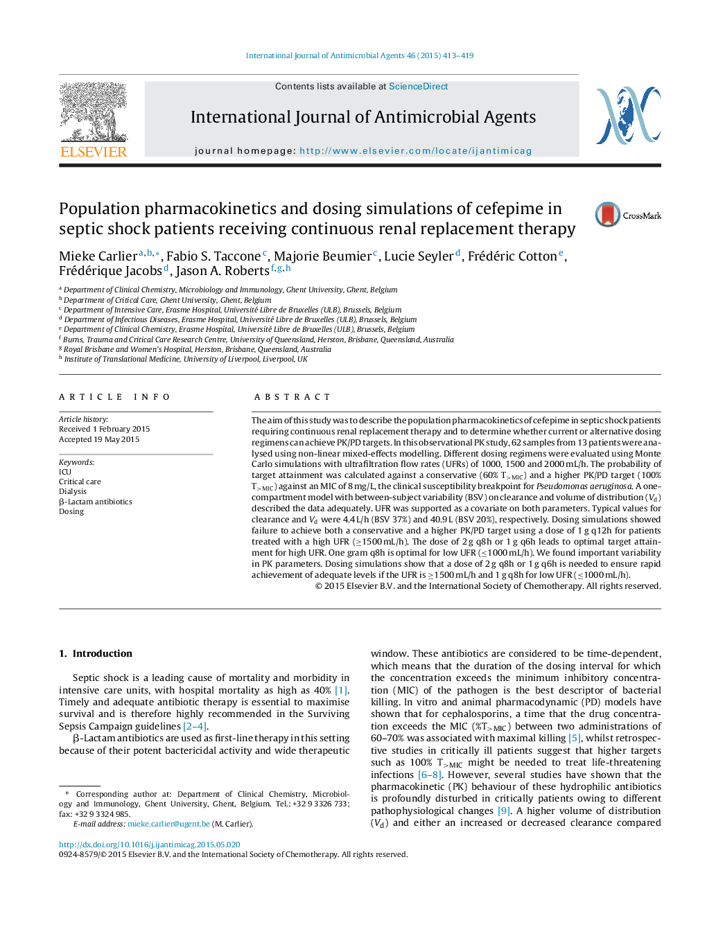 Population pharmacokinetics and dosing simulations of cefepime in septic shock patients receiving continuous renal replacement therapy