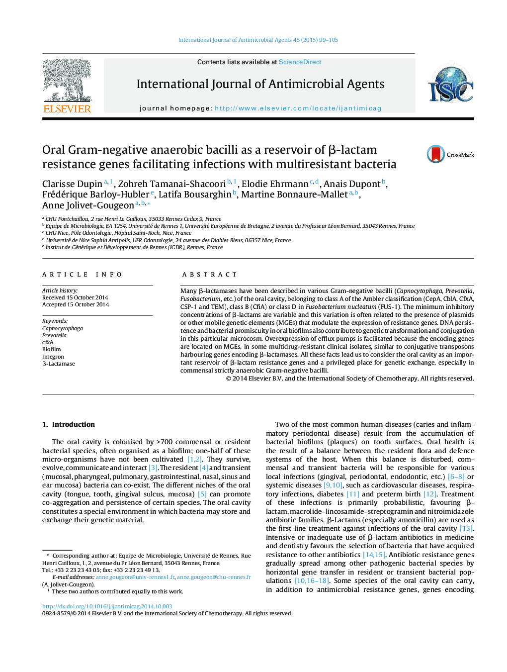 Oral Gram-negative anaerobic bacilli as a reservoir of β-lactam resistance genes facilitating infections with multiresistant bacteria