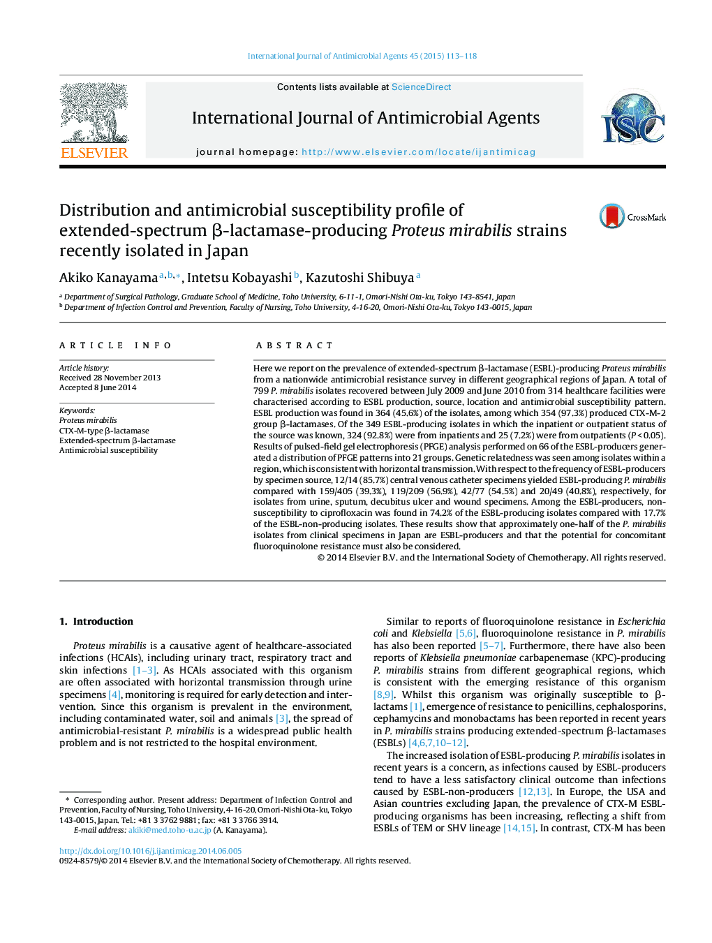 Distribution and antimicrobial susceptibility profile of extended-spectrum β-lactamase-producing Proteus mirabilis strains recently isolated in Japan